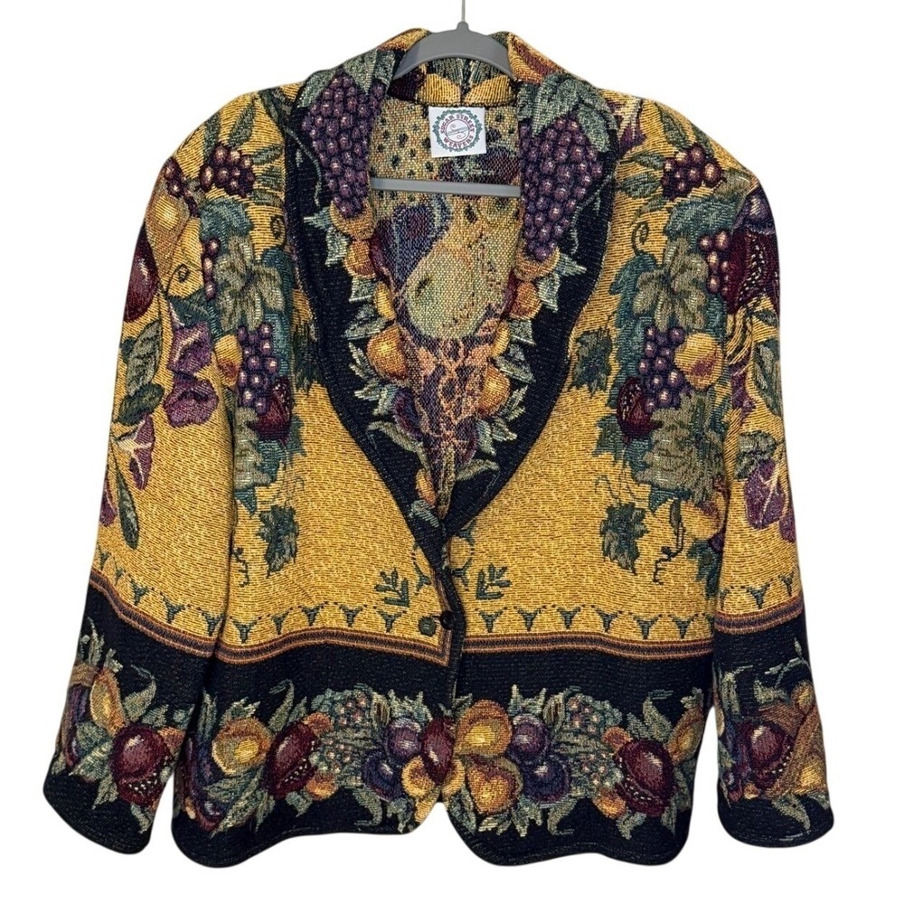 Sugar Street Weavers Jacket Tapestry Vintage‎ Fruit Print Gold XL Cottagecore